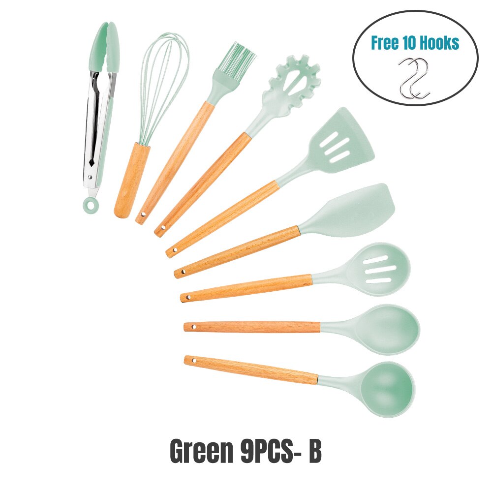 Silicone Cooking Utensils Set Kitchen Tools Cooking Sets Kitchen Utensils Silicone Kitchen Accessories Cooking Silicone Spatula: Mint GREEN 9PCS-B