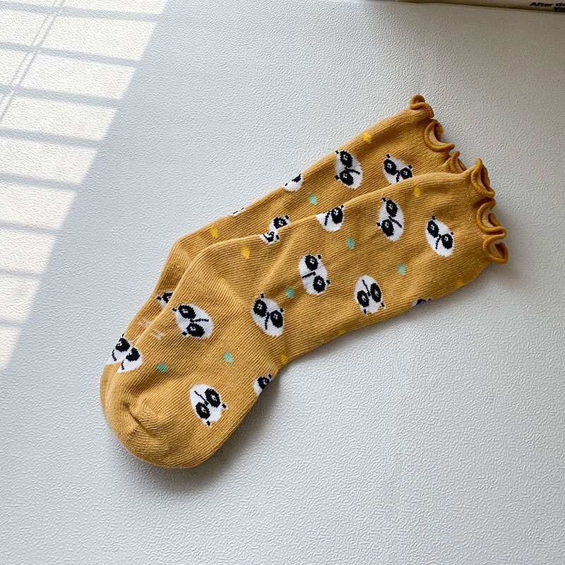 6 Paare/los freundlicher Mädchen Socken Baumwolle Niedliche Karikatur-Ebene Knie Hohe Socken für Jungen Kleinkind Boden Socken freundlicher Socken 1-8 jahre: Gelb Panda x6 / M (3-5Y)