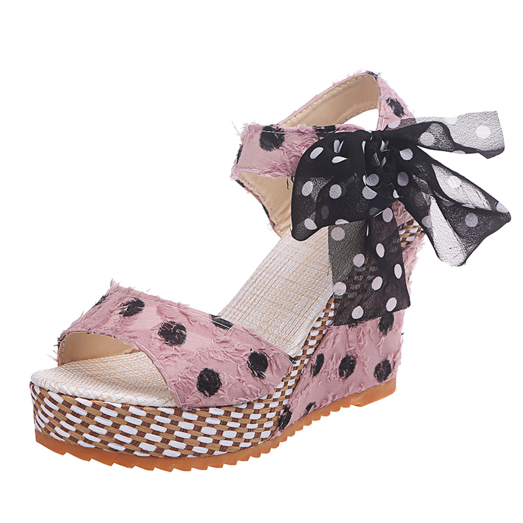 Kvinders damer platform kiler hæl sandaler prikkede snøresko fodtøj platform wedge slides strandsko chaussures: Lyserød / 36