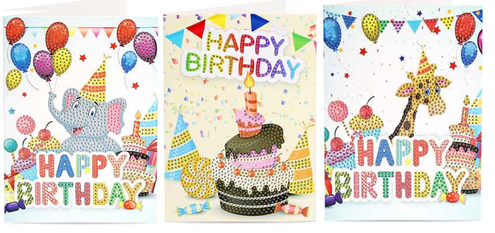 Cartes de vœux joyeux anniversaire diamant peinture | Rond 5d, kits de cartes de vœux, peinture diamant, broderie diamant, 13x18cm: Mix4 3pcs