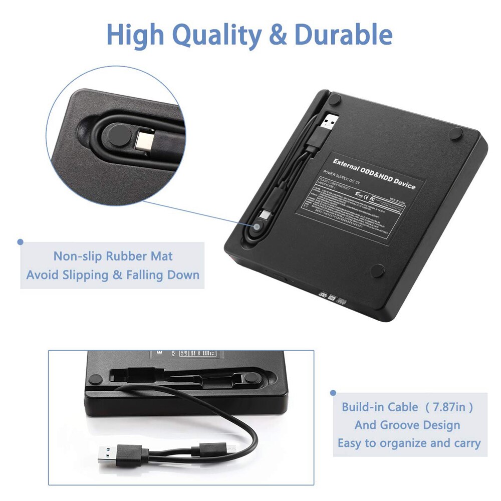Caja externa de DVD Rom tipo C + USB 3,0 a carcasa SATA de 12,7mm para CD DVD RW Blu-Ray
