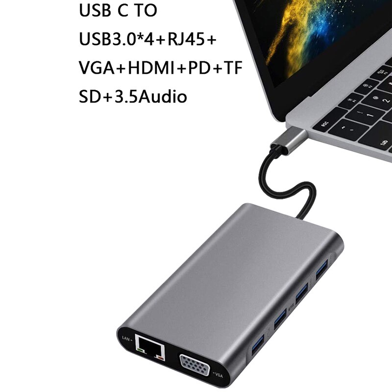 11 In 1 Usb C Hub Met 4 Usb Gigabit Ethernet Vga Hdmi Usb C Met Power Levering Audio Poort sd En Mini Sd-kaart