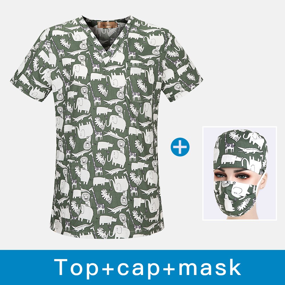Unisex ren bomuld print komfortabel åndbar spa uniform scrub arbejdstøj top + justerbar tegneserie print scrub cap: Top cap maske / Xl