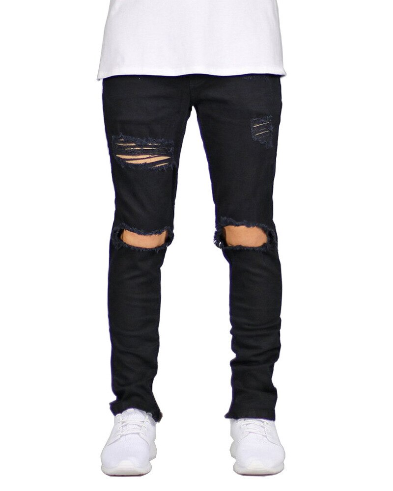 Vernietigde gescheurde jeans mannen uitgehold grote gaten bedel cropped denim broek broek casual heren skinny zijrits kokerbroek
