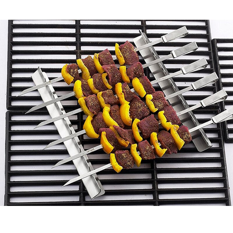 Stainless Steel BBQ Skewers Barbecue Cooking Grilling Kabob Kebab Iron Flat Fork Needle Kitchen Outdoors BBQ Tools Utensils