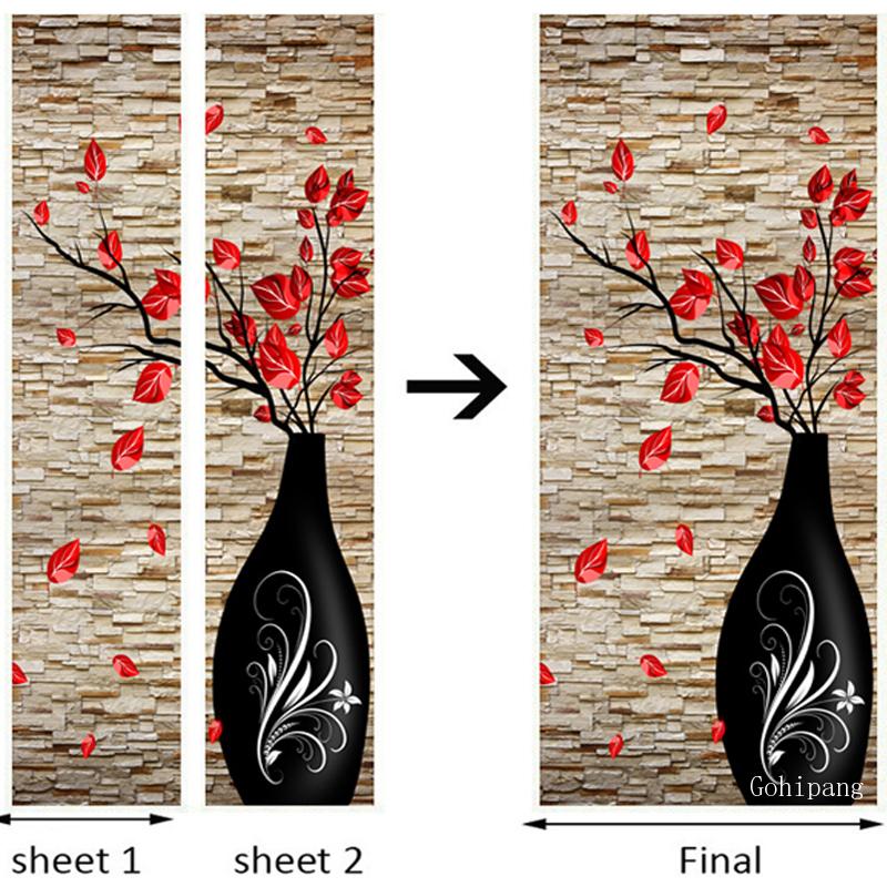 3D en relief Vase fleurs maison porte autocollant décoration Style chinois papier peint salon étude vinyle porte murale porte autocollant