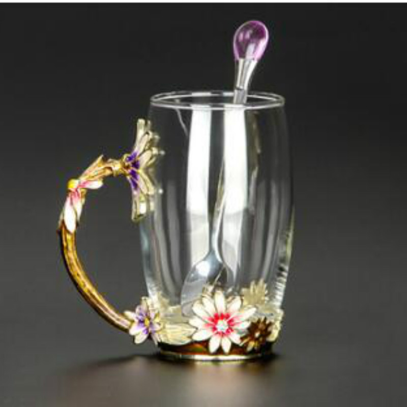 Luksus emalje kaffekop krus blomst te glas kopper til og kolde drikke te kop ske sæt perfekt bryllup wjb 41614: A2