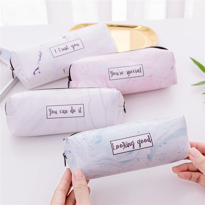 Kleur marmering pu leren etui schoolbenodigdheden student stationair pen etui vrouw cosmetica handtas make-up tas: Jij kan het
