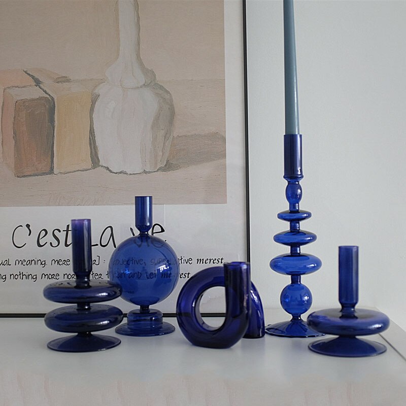 Suporte de vela nordic decoração para casa vaso de mesa acessórios de decoração de casamento castiçal de vidro vaso azul recipiente de vidro