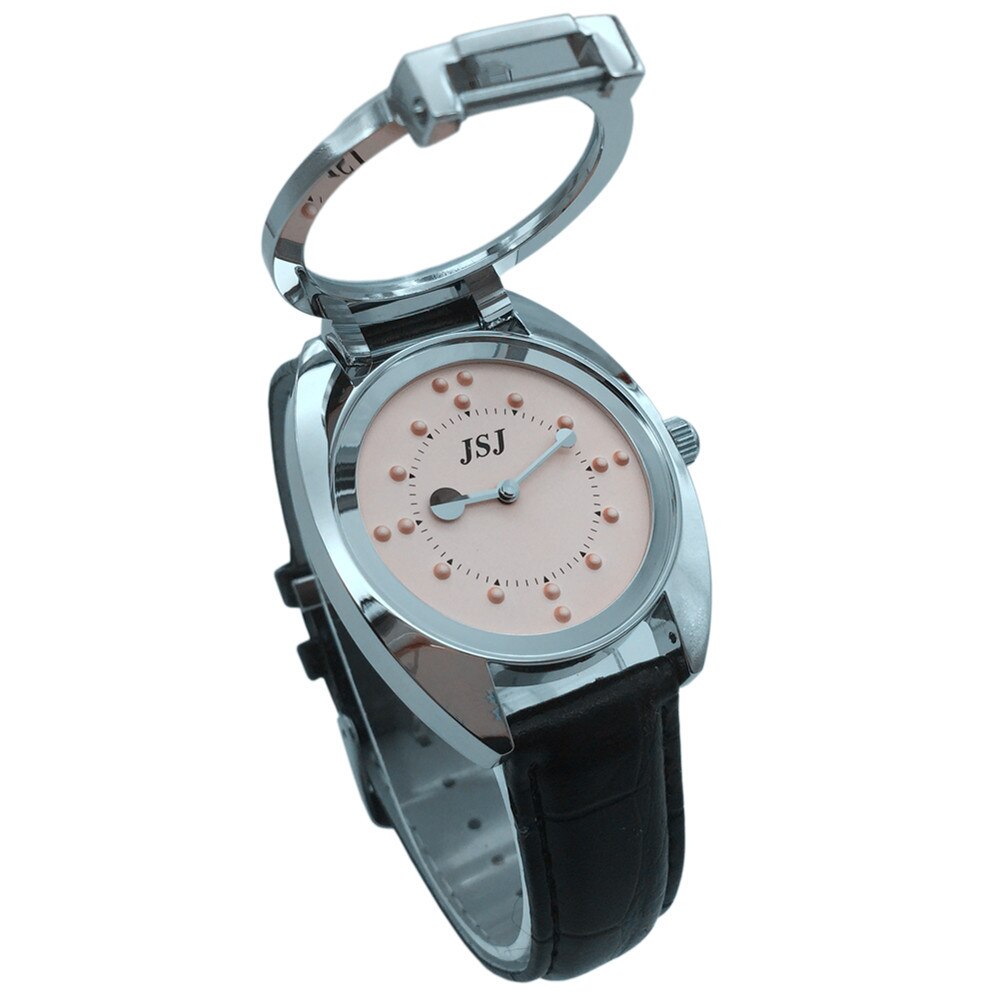 Tactiel horloge voor blinden met leren band, roze wijzerplaat