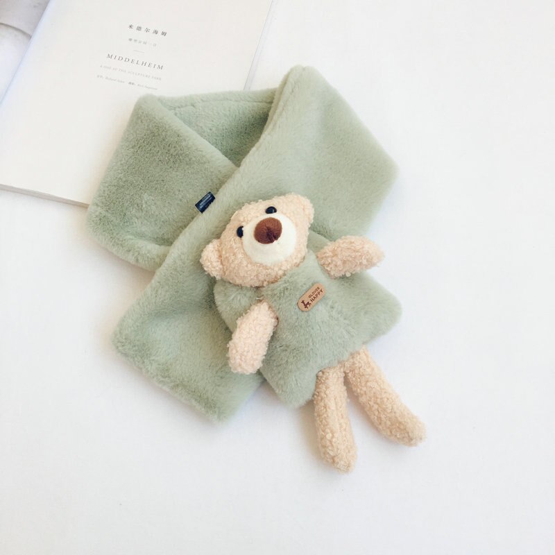 Autumn Winter Girls Warm Fleece Scarf with Bear Kids Fleece Scarves: green