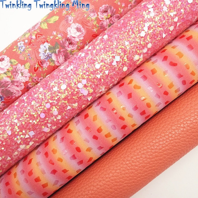 Oranje Chunky Glitter Leer, Strepen Bloemen Gedrukt Faux Leer, litchi Kunstleer Voor Boog A4 21X29Cm Twinkling Ming KM109