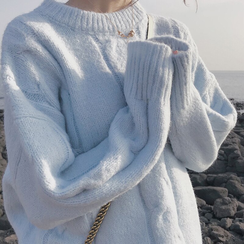 Syiwidii mohair oversize genser kvinner ribbet strikkede gensere løs solid varme søte vinterklær kvinner beige rosa blå: Blå