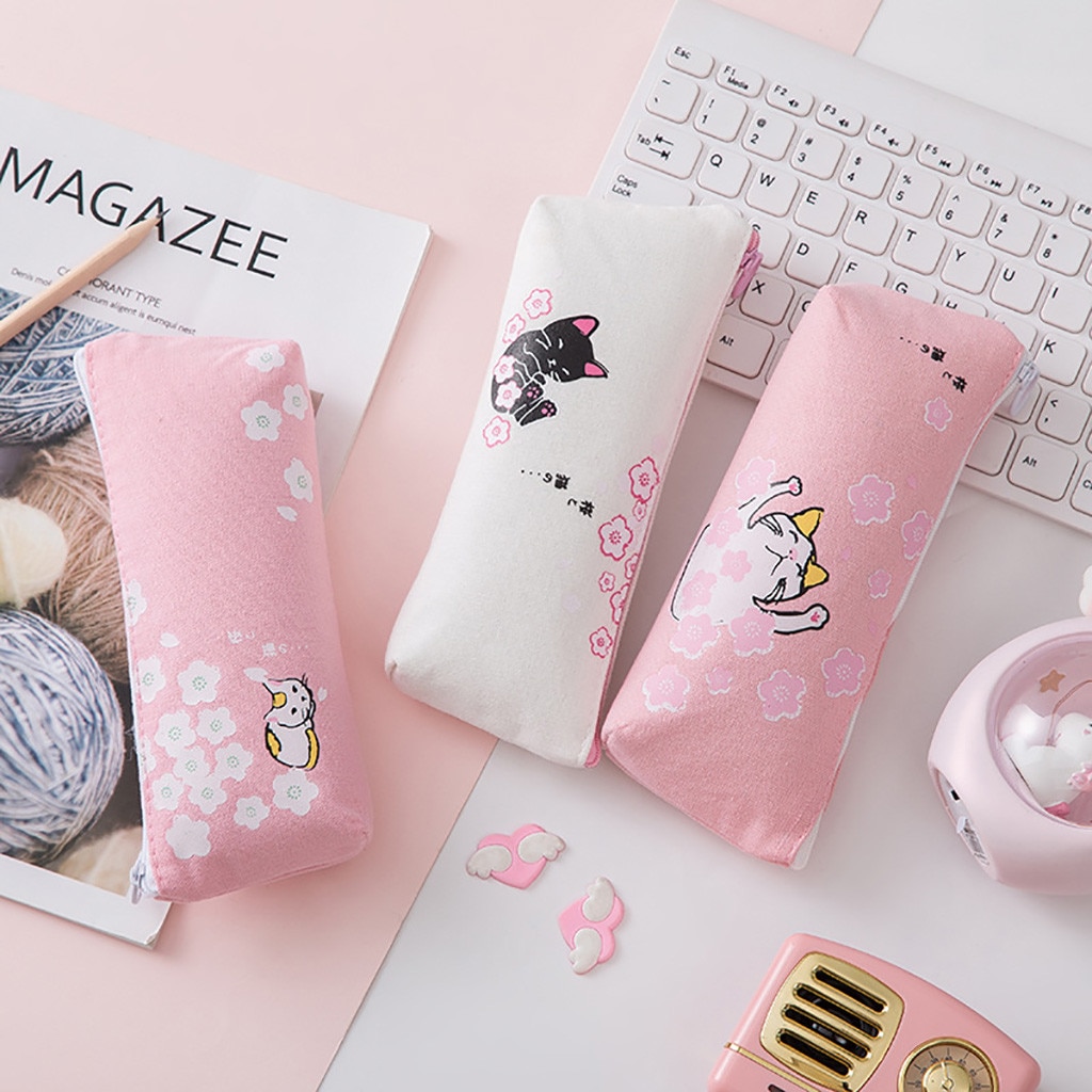 Kawaii Roze Kat Capaciteit Canvas Etui Pen Box Meisjes School Briefpapier Bag Prachtige Product