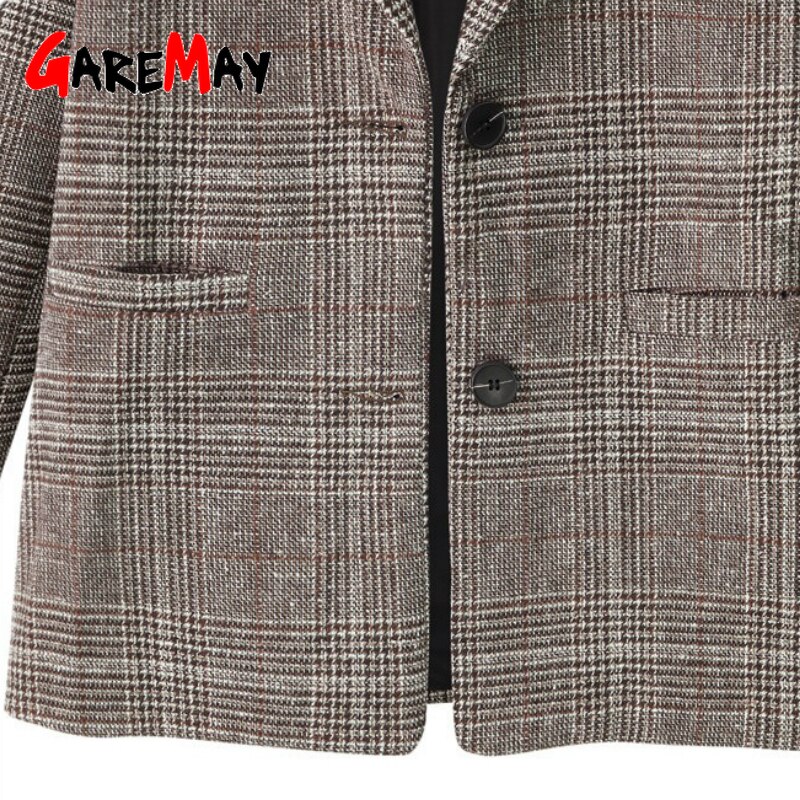 Vår vintage rutig kavaj för kvinnor tweed dam kontor dam kostymer kappa långärmad casual kavaj kavajer kvinnlig feminino