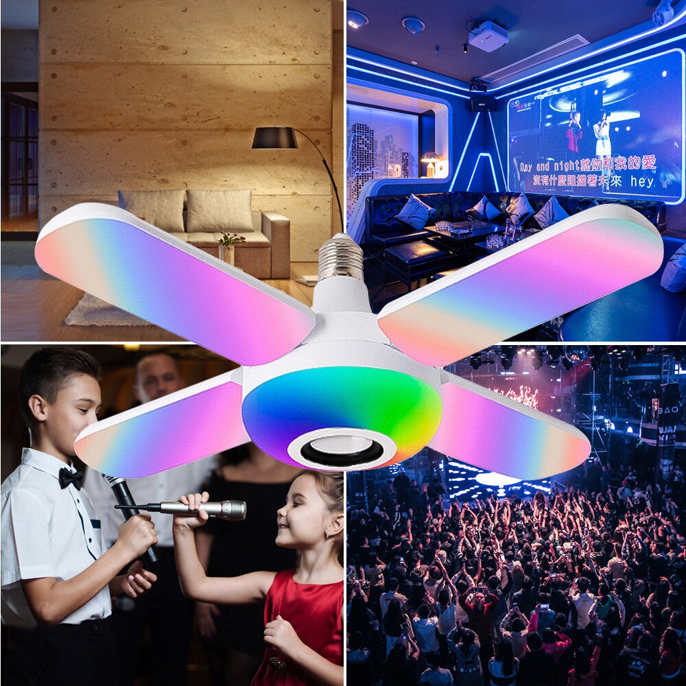 RGB Four Leaves Bluetooth Music Light 50W E27 Foldable LED Bulb With Remote Control Bluetooth Smart Speaker Colorful Fan Lamp