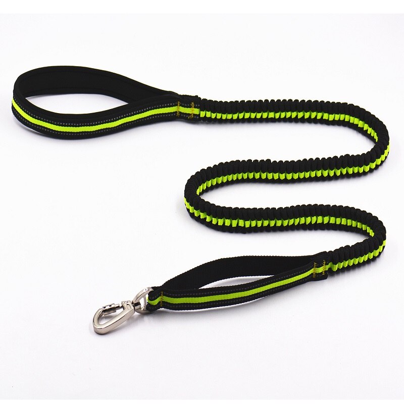 Elastic buffer Large Dog Leash Double handle pet Lead Reflective Traction rope 2 Handles big Dog Leashes Diving cloth Padded: Green