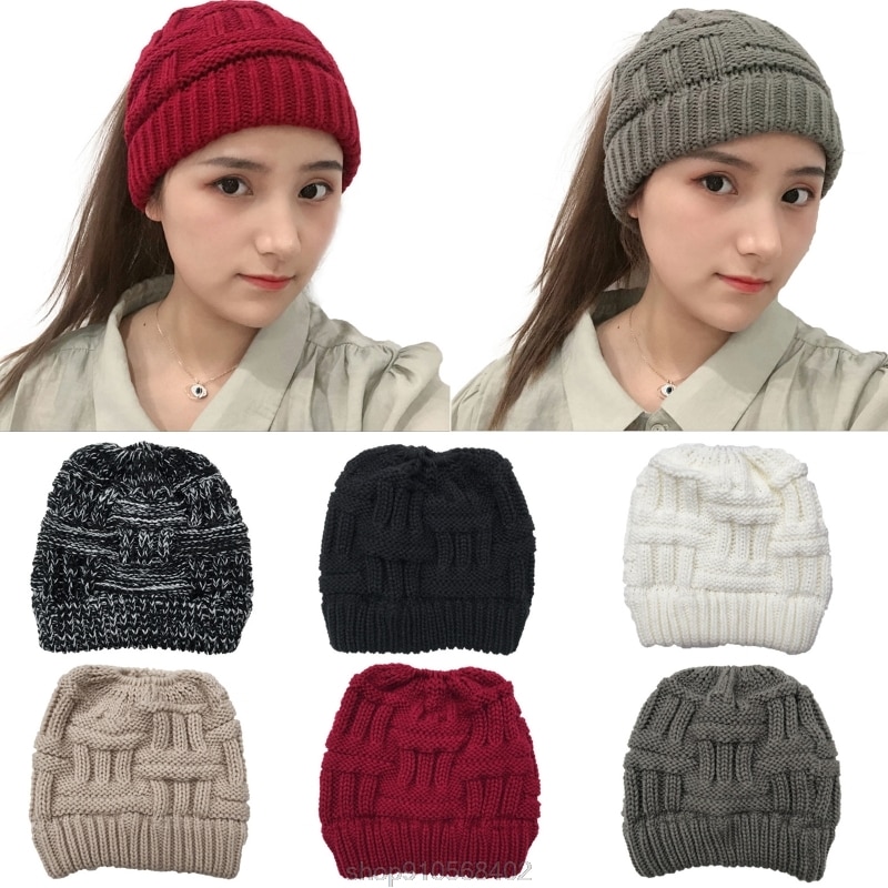 Chunky Plaid Knitted Beanie Hat with Ponytail Hole High Messy Bun Solid Color Stretch Skull Cap Ear Warmer N06 20