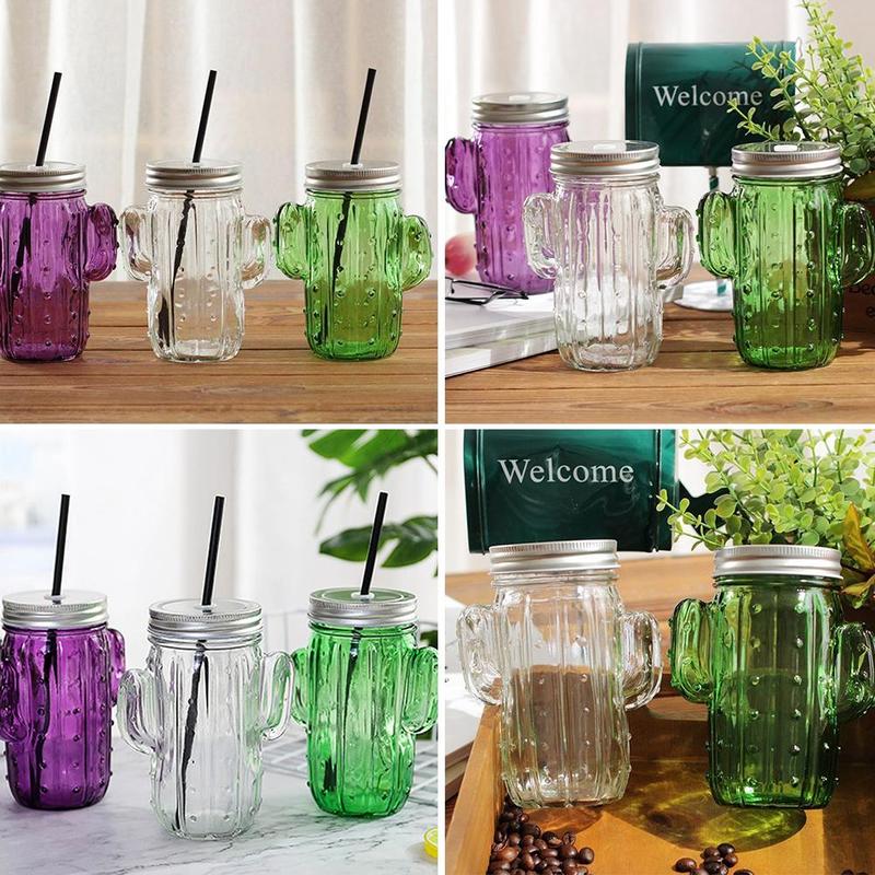 ¡Novedad de ! vaso de agua pequeño con forma de Cactus, Pajita de cristal, vaso de agua para el verano, para el hogar, zumo, bebida fría, vaso de albañil