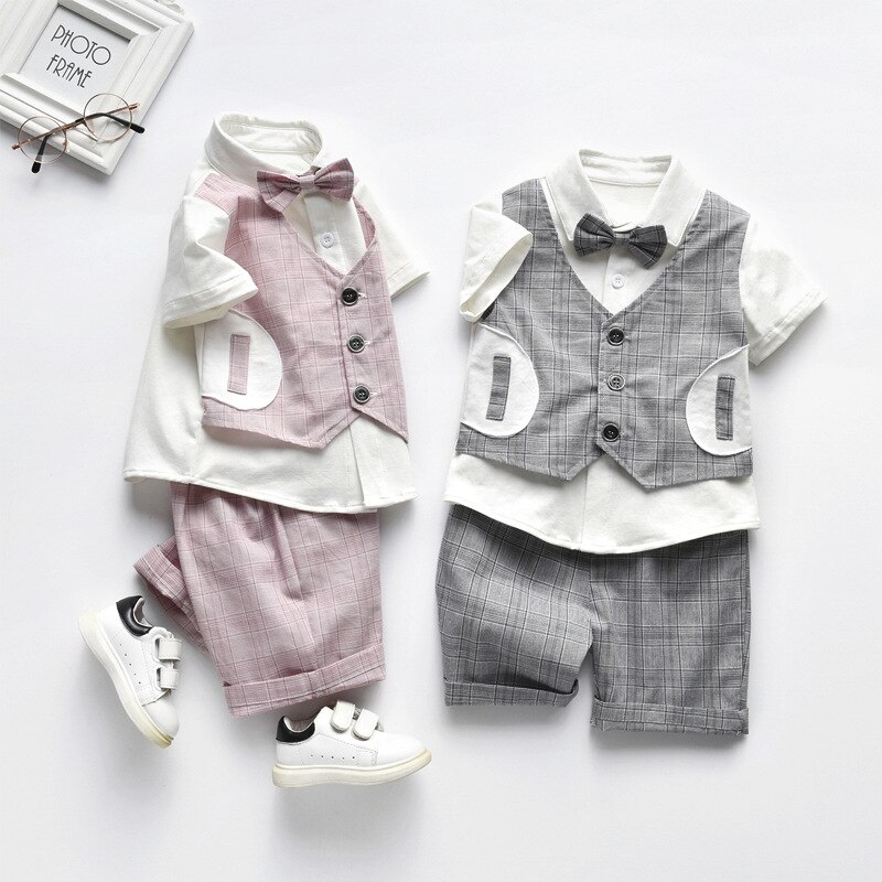 little gentleman summer plaid shirt baby boy Cotton children kids clothes baby party 6-36 Months [ shirts + pants ]