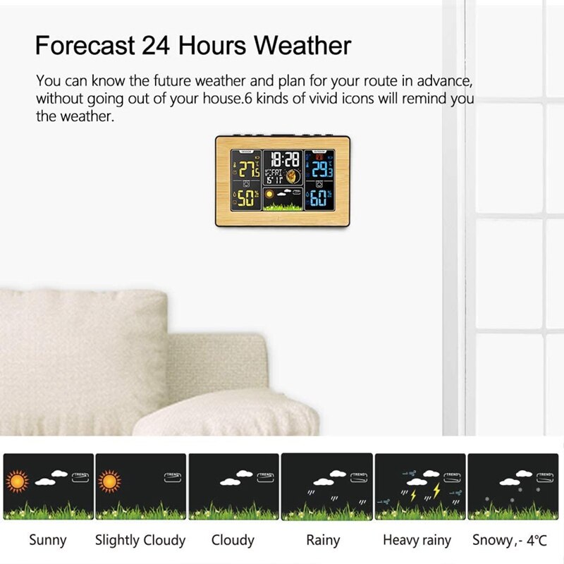 Bezprzewodowy wewnętrzny termometr zewnętrzny, stacja prognozy z kalendarzem i regulowanym podświetleniem dla sypialni-żółty bambus