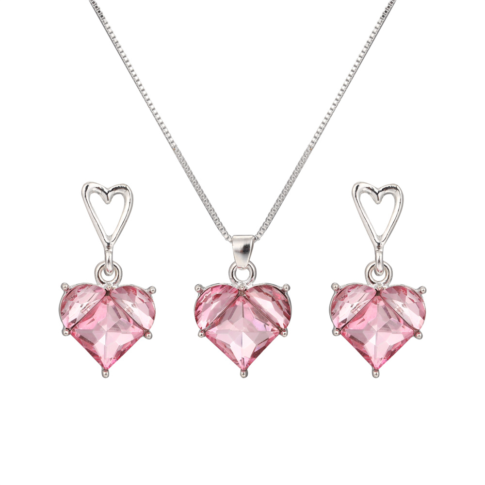 Conjunto de collar y pendientes de cristal rosa con circonita de corazón para mujer, collar colgante de lujo, pendientes, conjuntos de joyería de boda, , 3 uds.: PLATEADO