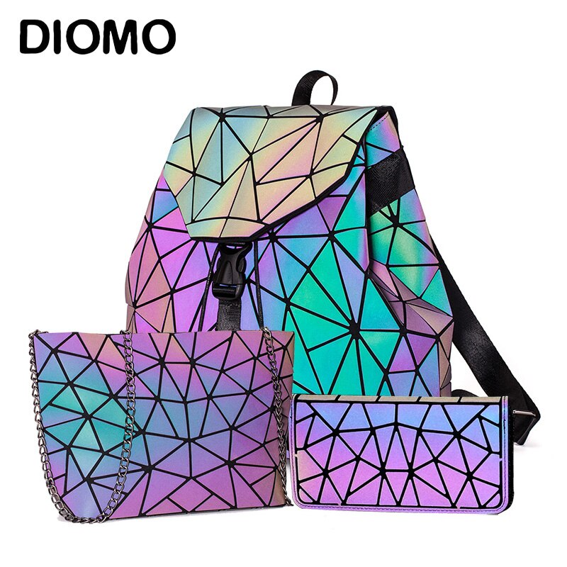 Diomo 2022 feminino conjunto mochila luminosa geométrica lantejoulas sacos para senhoras bagpack reflexivo holográfico sacos