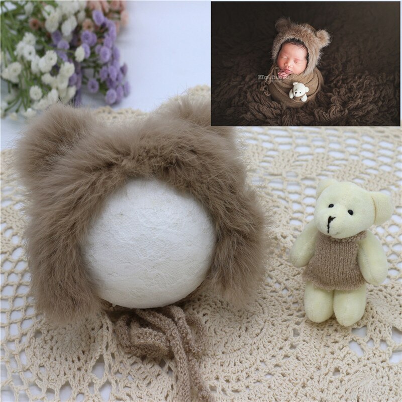 Baby Fotografie Requisiten Neugeborenen Fotografie Hut Bär Puppe Neugeborenen Hut Fotografie Zubehör (1pc Baby Hut und 1pc bär Puppe): khaki