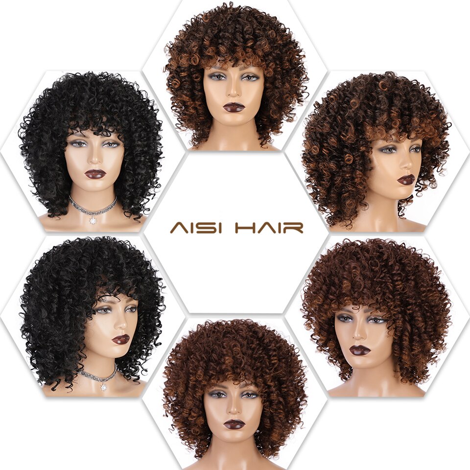 AISI HAIR Kort Syntetisk Paryk Afro Kinky Krøllet - Varmebestandig - Naturligt Sort Blandet Brunt Hår