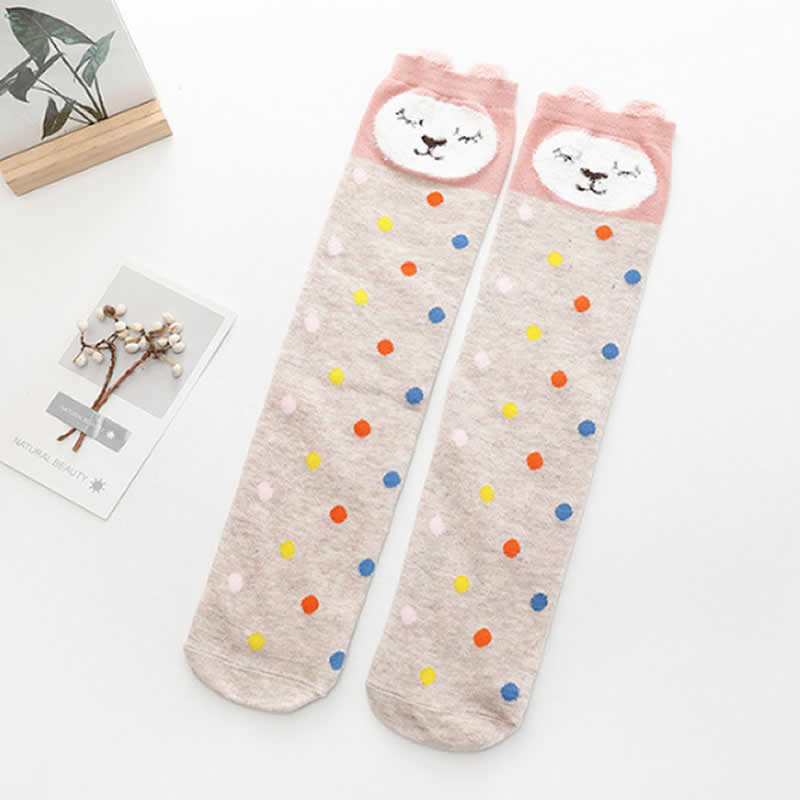 Chaussettes hautes en coton pour enfants, motif dessin animé, imprimé chat, renard: Dot color pink bear