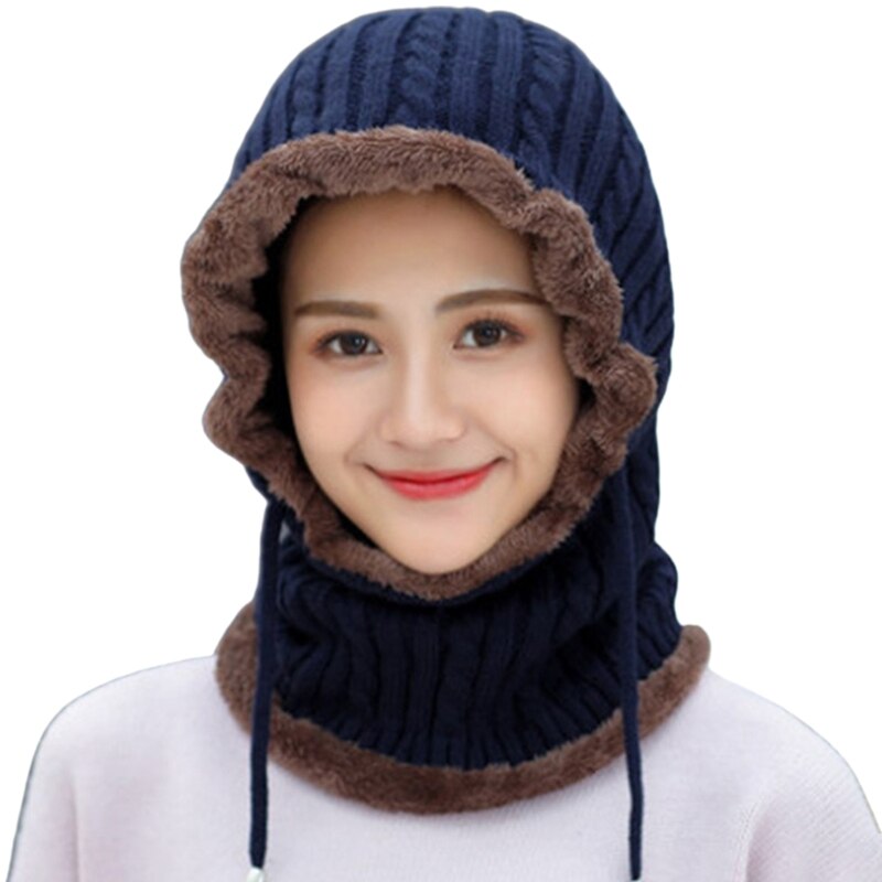 Pasamontañas de punto con Cable para mujer, gorro térmico forrado de felpa, a prueba de viento, con cordón, cubierta completa, capucha, bufanda, Invierno: B