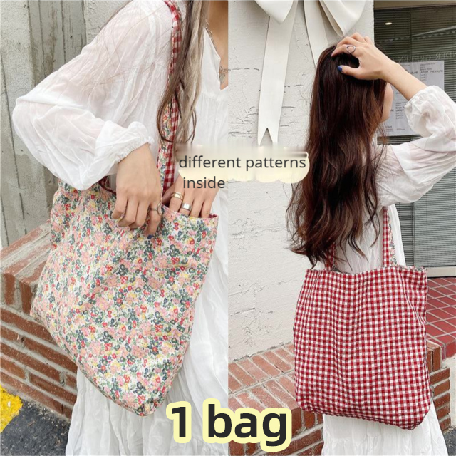 lässig Plaid Blume Frauen Einkaufstasche Große Kapazität Damen Täglichen Tote Handtaschen Baumwolle Tuch doppelseitige Mädchen Schulter Taschen: Ursprünglich Titel