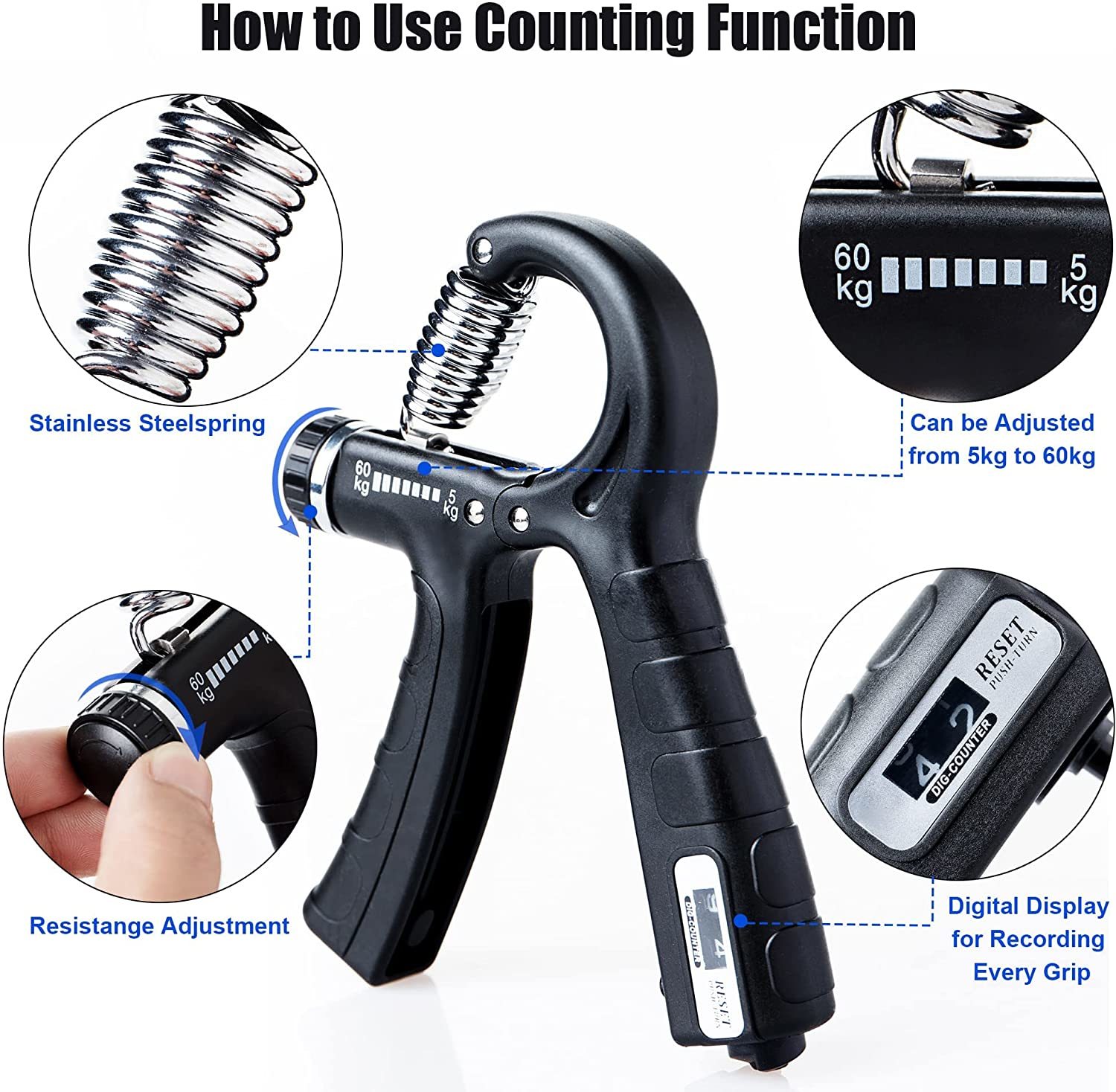Hand Grip Strengthener, Grip Strength Trainer, Finger Forearm Exerciser with Counter, Adjustable Resistance 10-40Kg