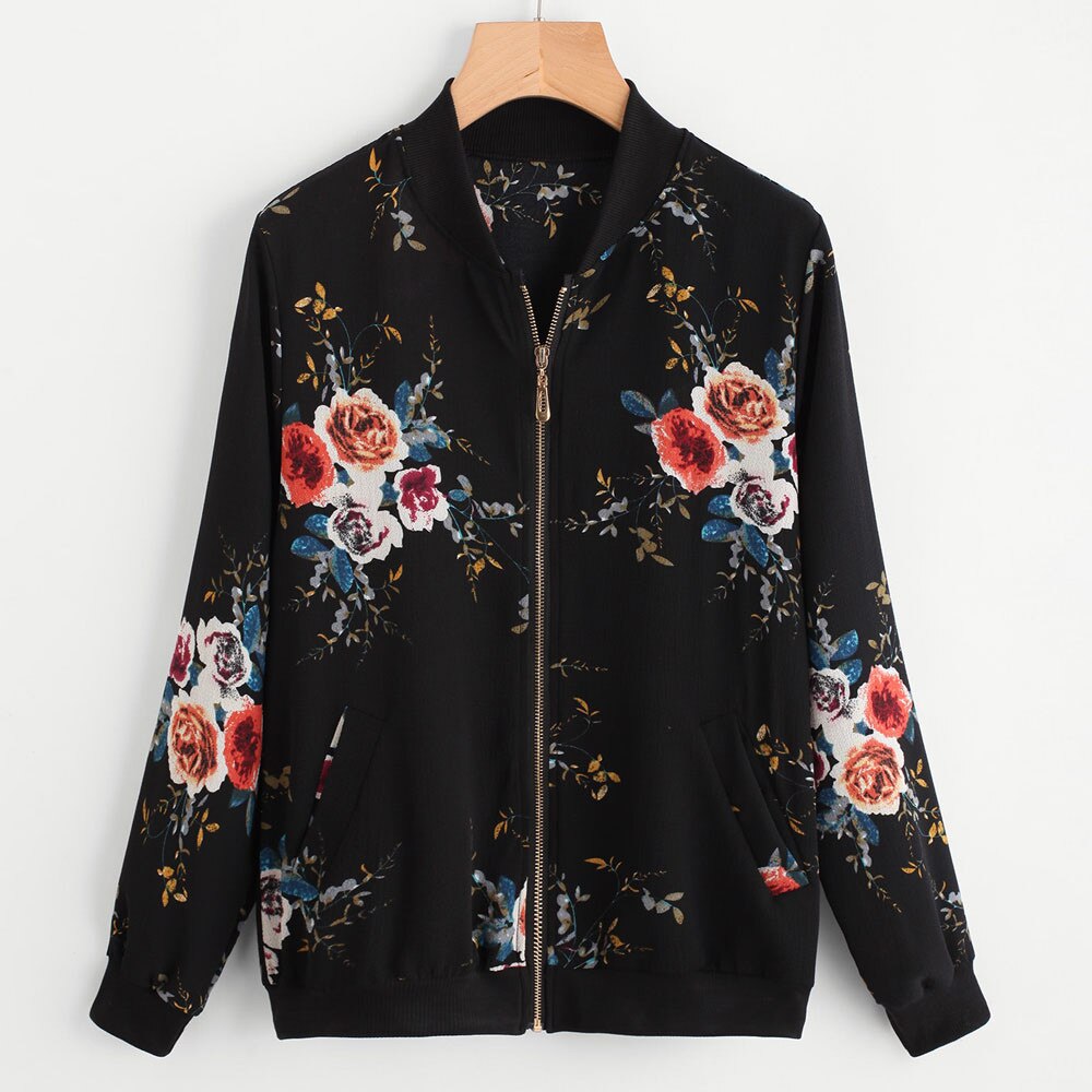 2021 newwomens retro floral impressão zíper up bomber jaqueta casaco casual outwear bk/tiro salehigh qualidade: Black  / XXL