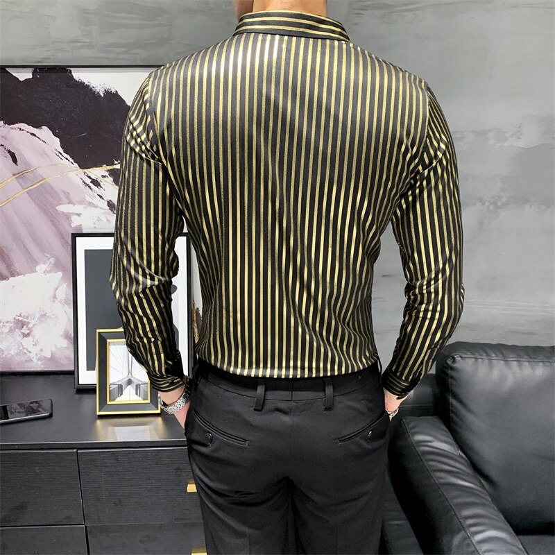 Efterår lange ærmer stribede skjorter til mænd koreansk slim fit afslappet bluse homme formelt slid herrer smoking kjole