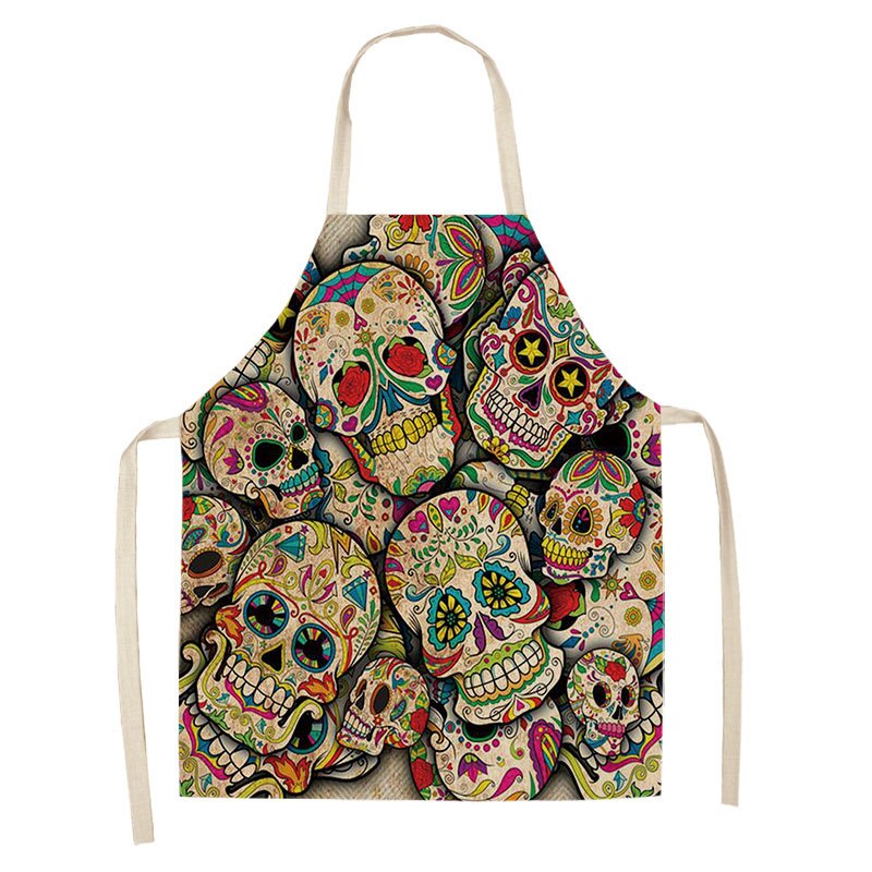 1Pc Skull Pattern Kitchen Chef Apron for Cooking Sleeveless Cotton Linen Aprons Adult Bibs Home Cleaning Accessories 53*65cm: S