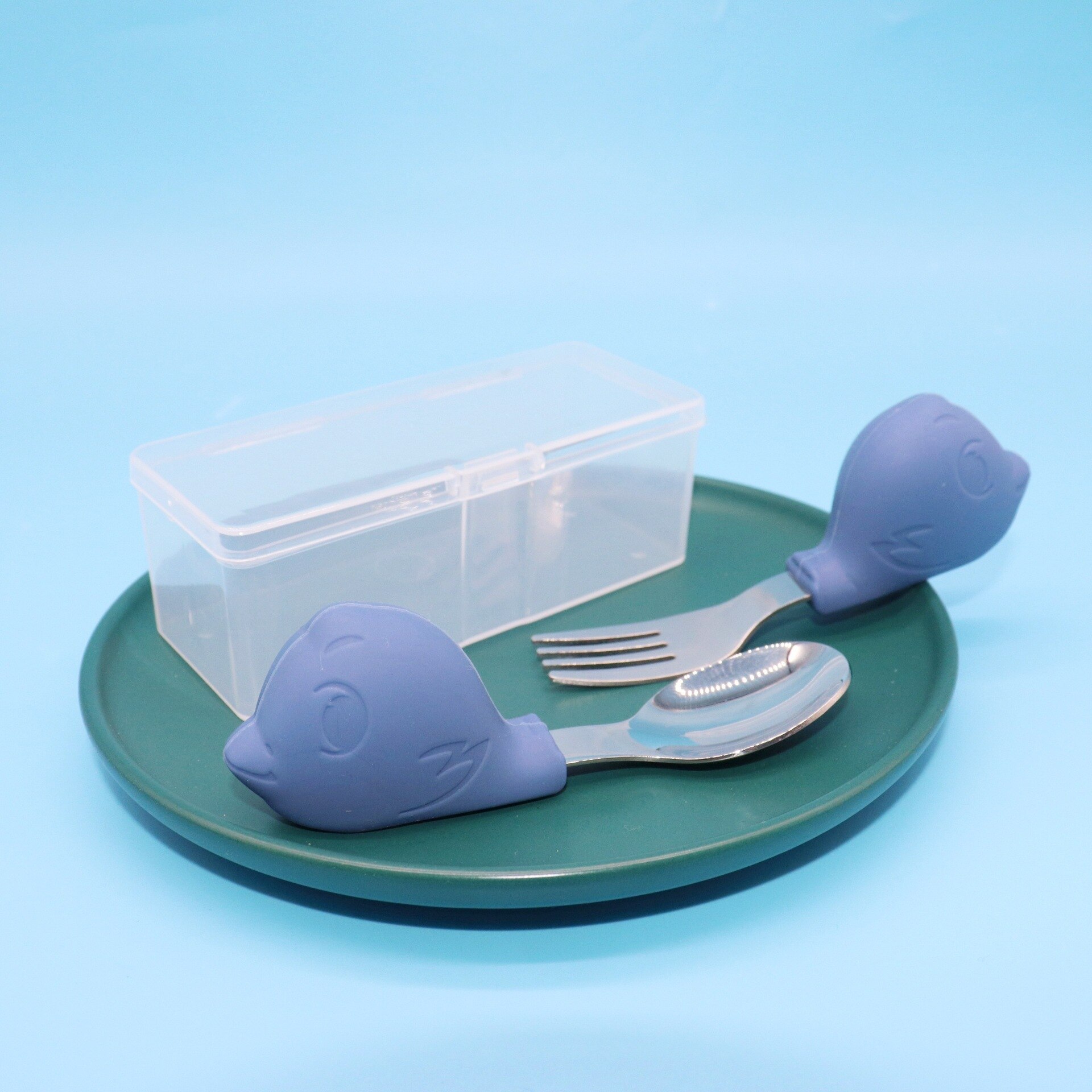 Babyservice lære at spise træning ske kort ske gaffelsæt spædbørnsservice fodergaffel baby gadgets børnebestik: Blå angry bird ske gaffel med opbevaringsboks