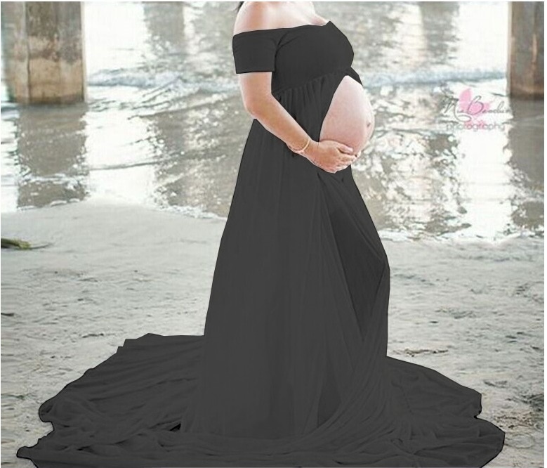 Chemise de grossesse en mousseline de couleur pure, robe pour femme enceinte, vadrouille du sol avant l'épissure, avant l'épissure: Black / M