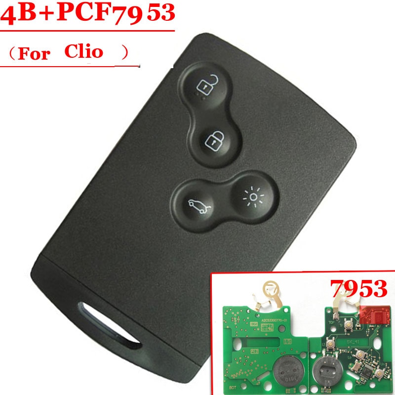 Replacment (1 pcs ) 4 Button Smart Card with pcf7953 433mhz for Renault Clio Smart Card With Free Protect Silicone Case