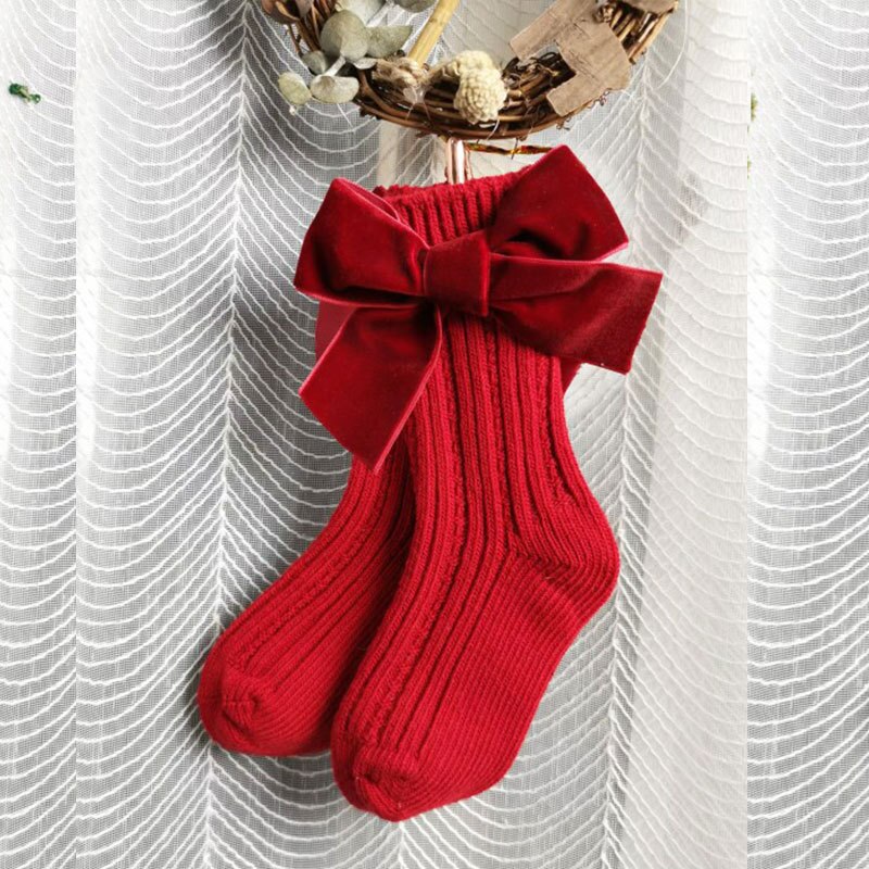 Calzini natalizi per bambina calzini per bambini in cotone con fiocco grande calzino alto scaldamuscoli in lana solida calzini lunghi morbidi per bambini