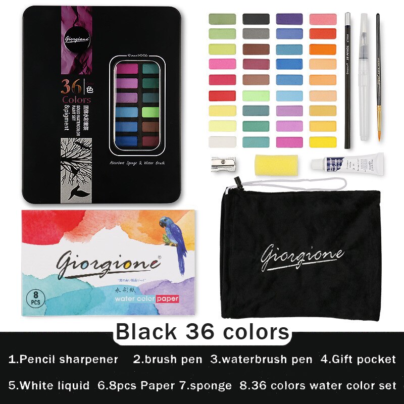 36/48 Colors Giorgione Watercolor Paint Sets Watercolour Water Color Pigment Oil Paints School Painting Drawing Art Supplies: Black 36 colors set