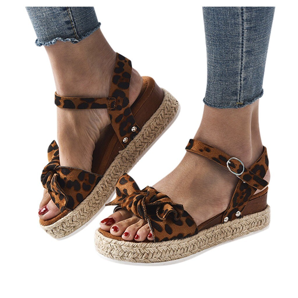 SAGACE Leopard Wedges Sandals For Women High Heel Platform Wedge Sandal Womens Leopard Sandals Flat Bowknot Sandalias Femenina