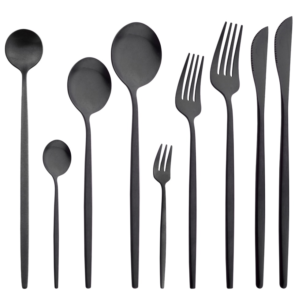 Matte Black Dinnerware Set Western Cutlery Set Stainless Steel Tableware Dinner Knife Fork Spoon Flatware Kitchen Silverware Set