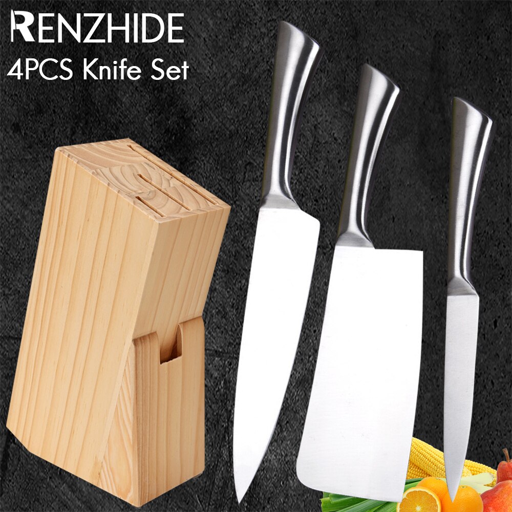 RZD Japanese Cooking Knives Set Chef 8'' Inch Santoku Chopping Utility Knife Holder Wooden Stand Storage Save Space Kitchen Tool: A 4pcs set