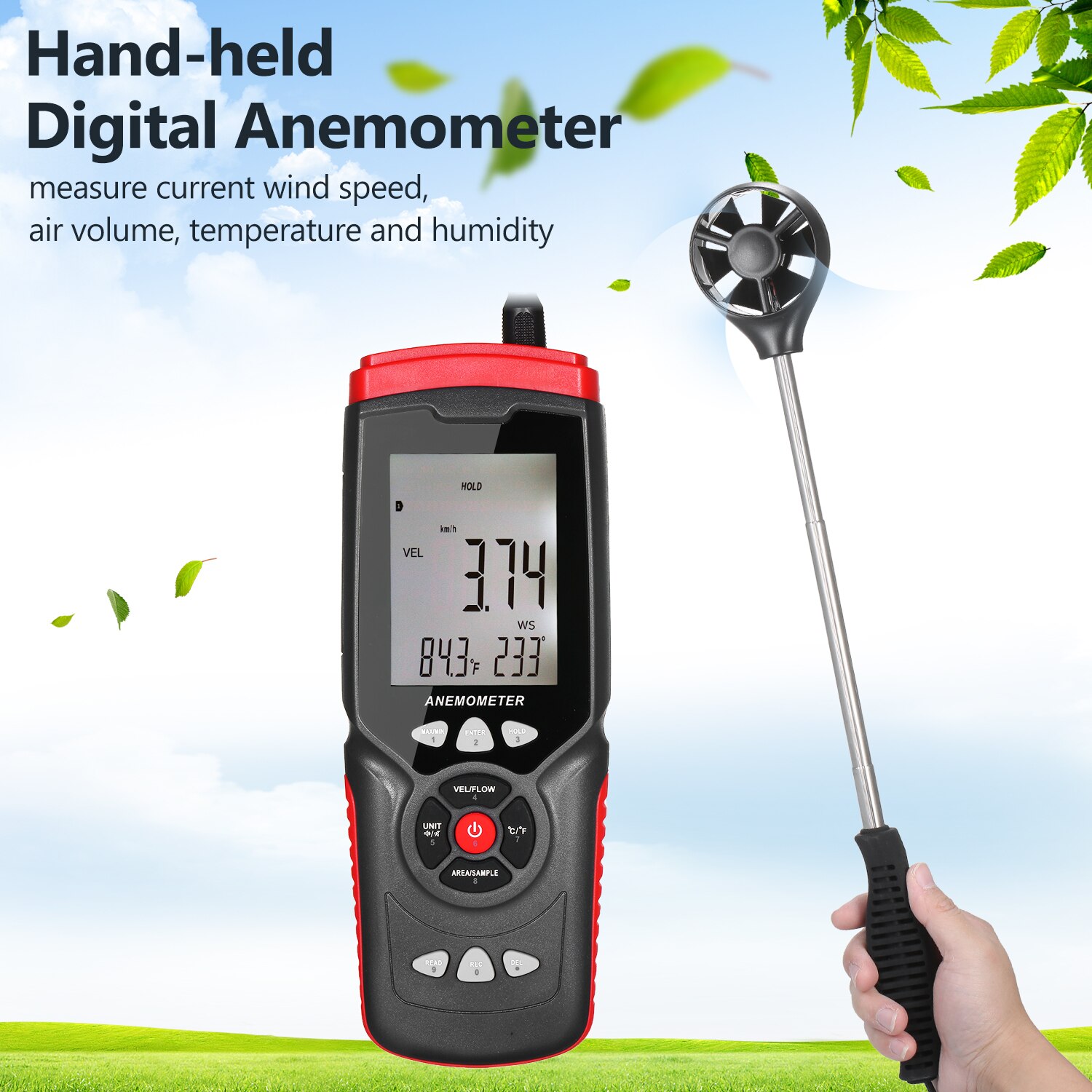 Anemómetro Digital de mano, Sensor de velocidad del viento multifunción, anemógrafo con ventilador auxiliar desmontable