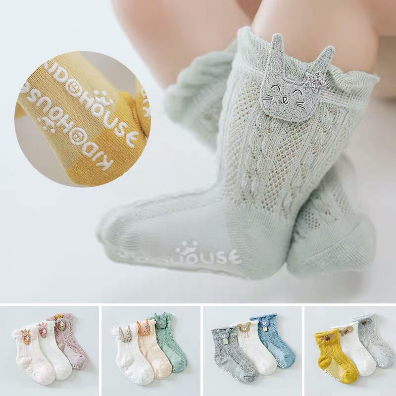 3 unids/set calcetines de verano para bebés pequeños calcetines de malla de algodón Color puro con dibujos animados bordados calcetines para niños recién nacidos