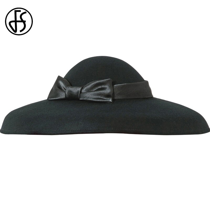 Fs fedora hoeden dames grote rand zwarte wollen hoed winter vilt kerkhoed voor bruiloft bolhoed cloche hoeden derby sombrero vrouw