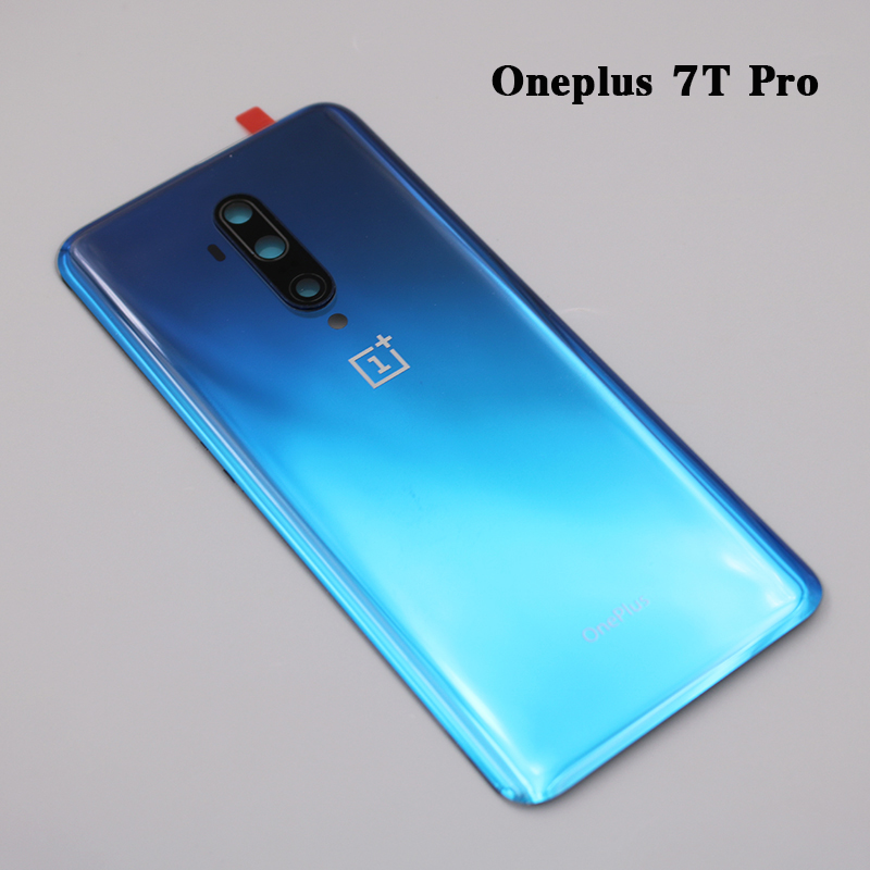 Oneplus – boîtier de batterie pour Oneplus 7 7T Pro 1 + 7T Pro, couvercle arrière en verre avec objectif d&#39;appareil photo et autocollant: 7T Pro Blue