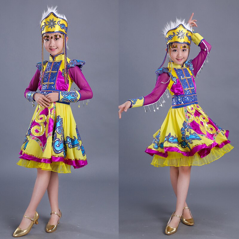 Vestido de Mongolia amarillo para niños para el escenario de los trajes nacionales chinos niñas Hmong Ropa de baile niños traje de danza tradicional