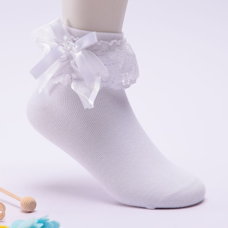 Bomuldsdans sokker forår efterår børn blonder blonder solide kid piger sokker blomster ballet anti slip sport åndbar sok 5-12y: Hvid / S